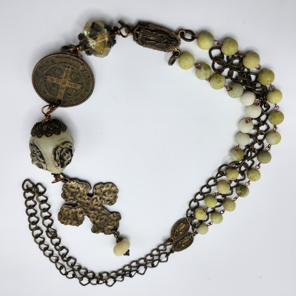 SALE!!! Amazonite, antique bronze, Lady Guadeloupe, cross, rosary belt necklace.